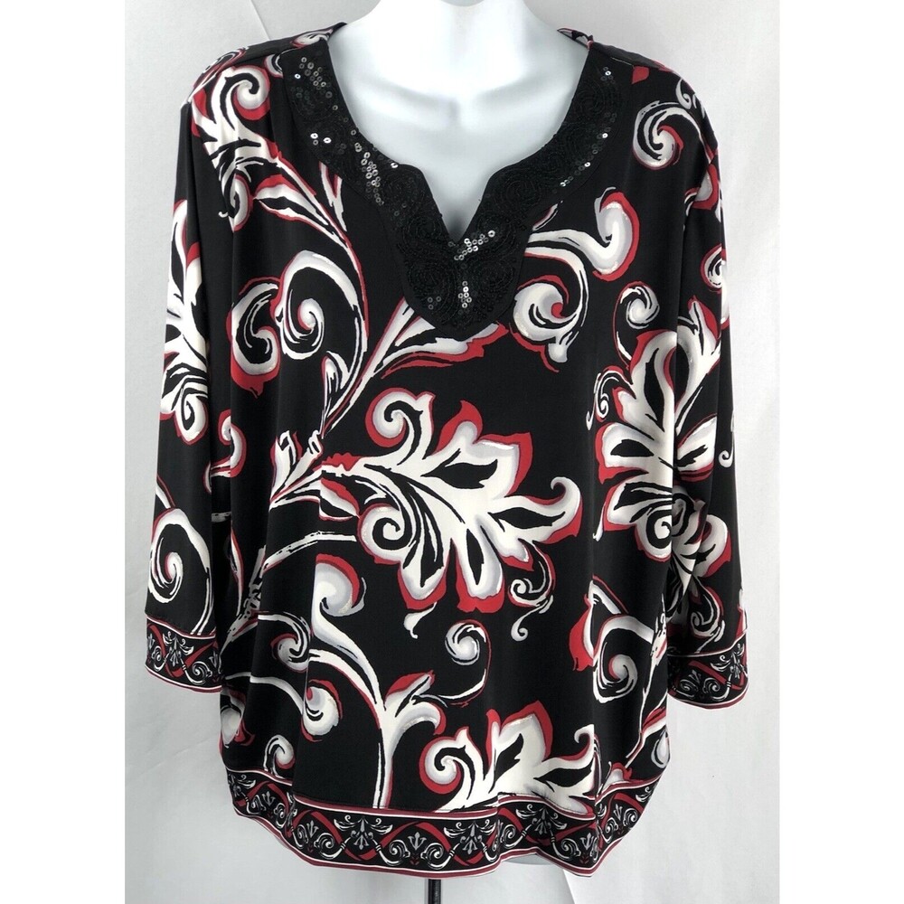 Alfred Dunner Tunic Top PXL Blk/red Mod Geo Sequin cut out V-neck 3/4 sleeve